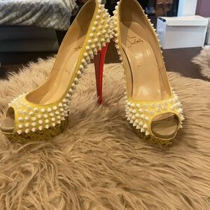 Christian Louboutin Yellow Studded Peep-Toe Heels